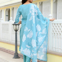 Women kota doria embroidered solid kurta set with solid pants & printed dupatta