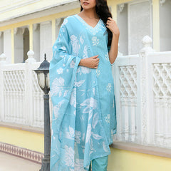 Women kota doria embroidered solid kurta set with solid pants & printed dupatta