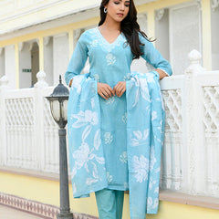 Women kota doria embroidered solid kurta set with solid pants & printed dupatta