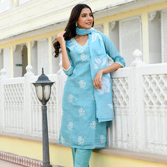 Women kota doria embroidered solid kurta set with solid pants & printed dupatta