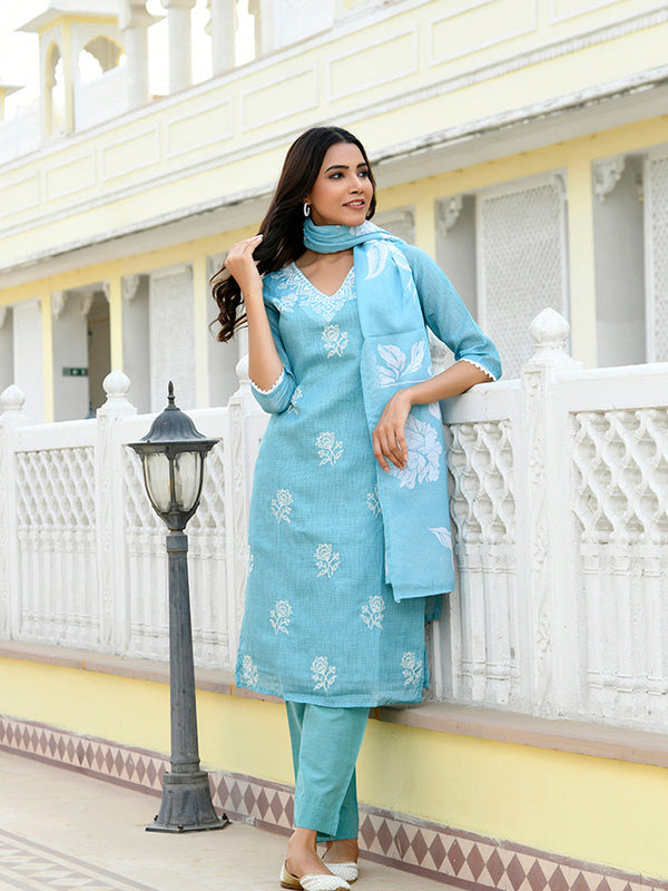Women kota doria embroidered solid kurta set with solid pants & printed dupatta