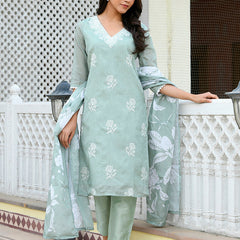 Women kota doria embroidered solid kurta set with solid pants & printed dupatta