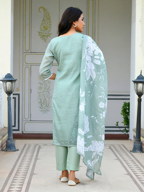 Women kota doria embroidered solid kurta set with solid pants & printed dupatta
