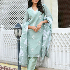 Women kota doria embroidered solid kurta set with solid pants & printed dupatta