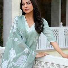 Women kota doria embroidered solid kurta set with solid pants & printed dupatta