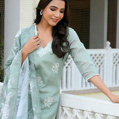 Women kota doria embroidered solid kurta set with solid pants & printed dupatta