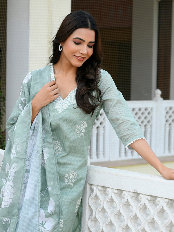 Women kota doria embroidered solid kurta set with solid pants & printed dupatta