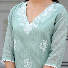 Women kota doria embroidered solid kurta set with solid pants & printed dupatta