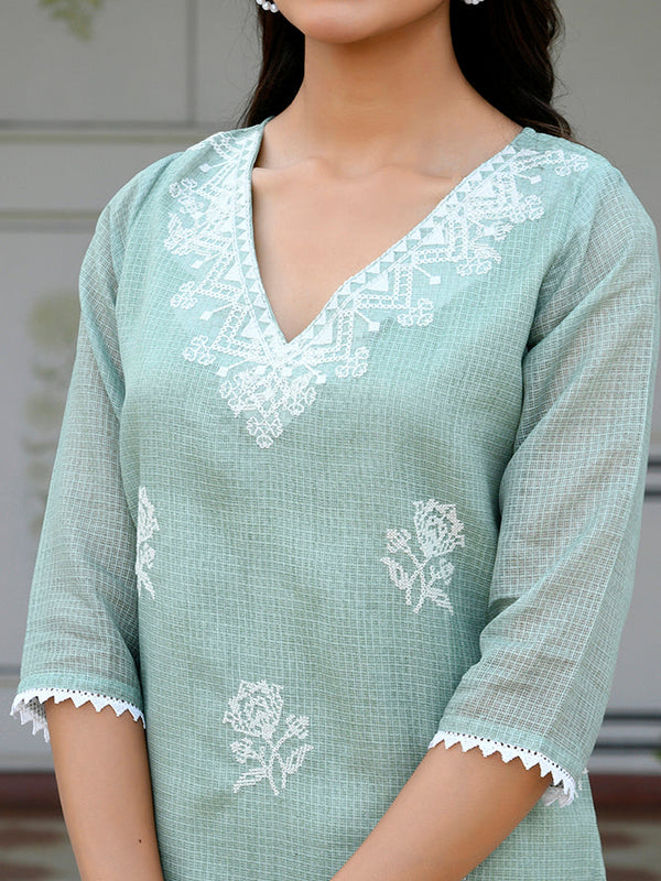 Women kota doria embroidered solid kurta set with solid pants & printed dupatta