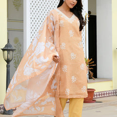 Women kota doria embroidered solid kurta set with solid pants & printed dupatta