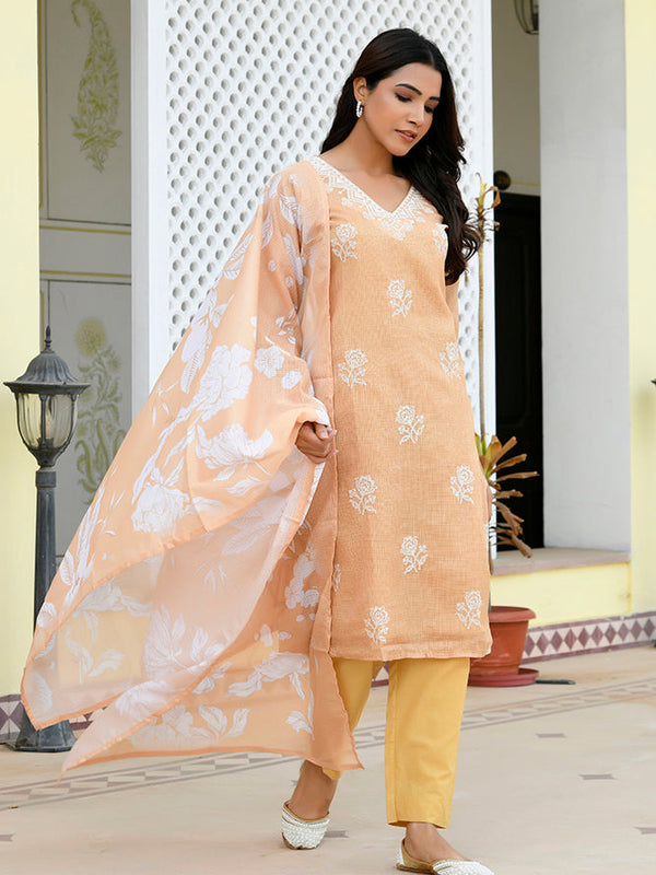 Women kota doria embroidered solid kurta set with solid pants & printed dupatta