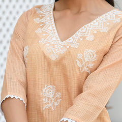 Women kota doria embroidered solid kurta set with solid pants & printed dupatta