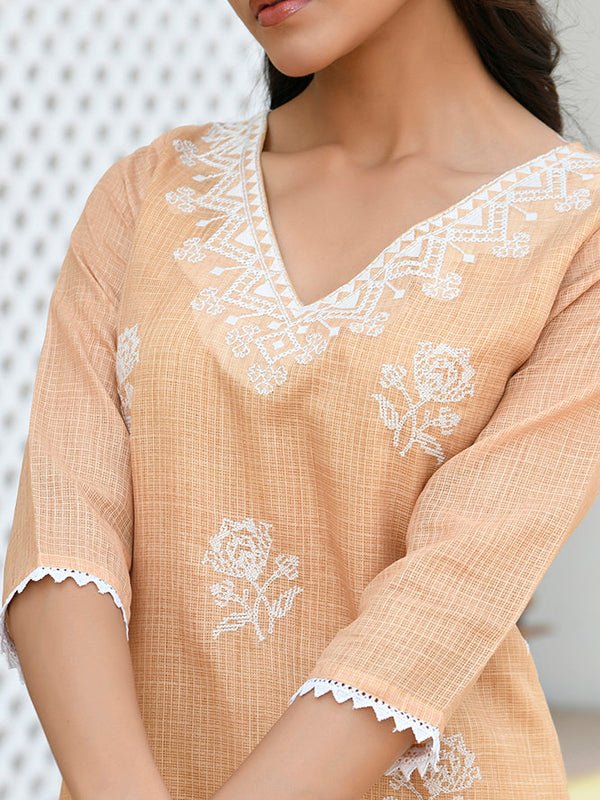 Women kota doria embroidered solid kurta set with solid pants & printed dupatta