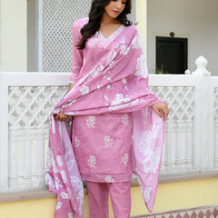 Women kota doria embroidered solid kurta set with solid pants & printed dupatta