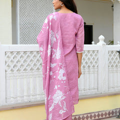 Women kota doria embroidered solid kurta set with solid pants & printed dupatta