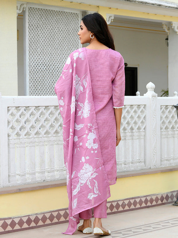 Women kota doria embroidered solid kurta set with solid pants & printed dupatta