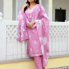 Women kota doria embroidered solid kurta set with solid pants & printed dupatta