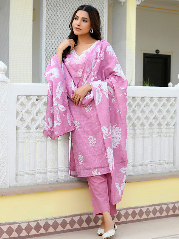 Women kota doria embroidered solid kurta set with solid pants & printed dupatta