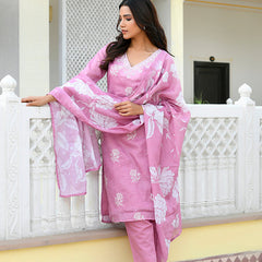 Women kota doria embroidered solid kurta set with solid pants & printed dupatta
