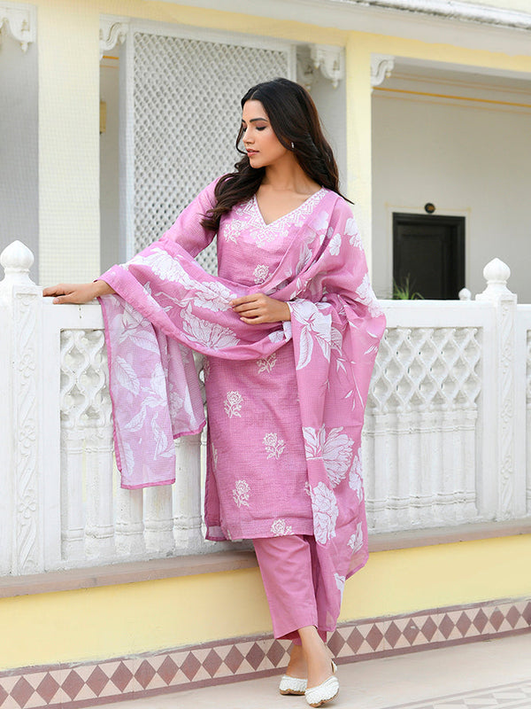 Women kota doria embroidered solid kurta set with solid pants & printed dupatta