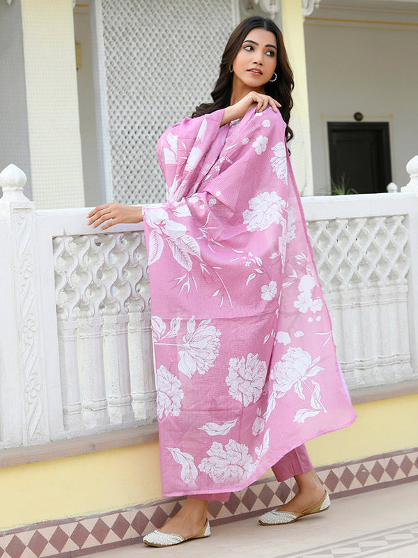 Women kota doria embroidered solid kurta set with solid pants & printed dupatta