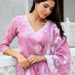 Women kota doria embroidered solid kurta set with solid pants & printed dupatta
