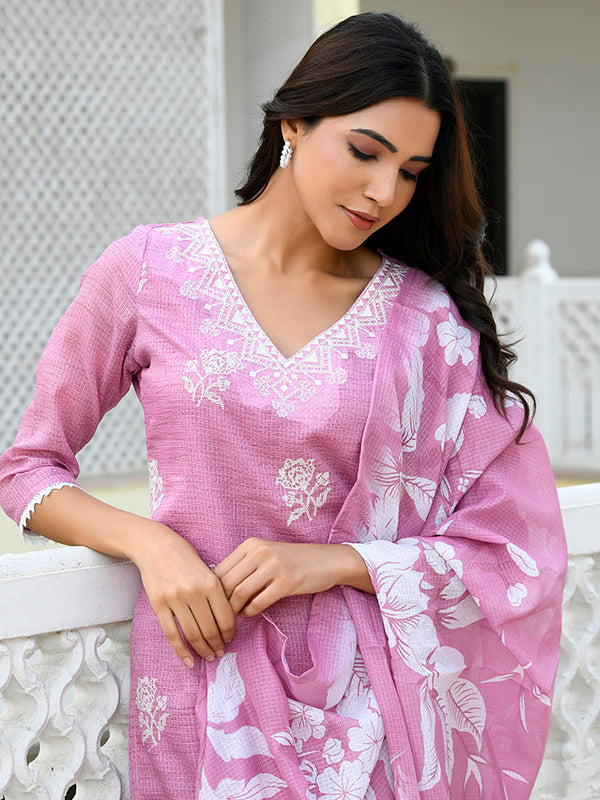 Women kota doria embroidered solid kurta set with solid pants & printed dupatta