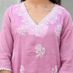 Women kota doria embroidered solid kurta set with solid pants & printed dupatta