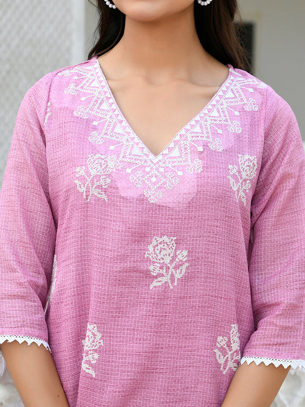Women kota doria embroidered solid kurta set with solid pants & printed dupatta