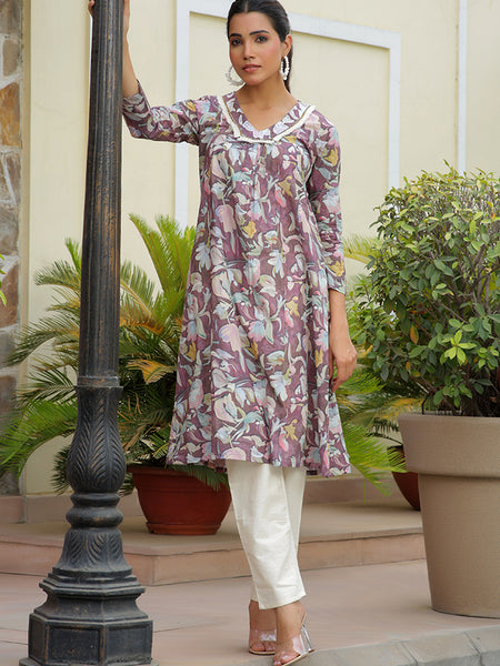 Women Printed Kurta Set With Solid Pants