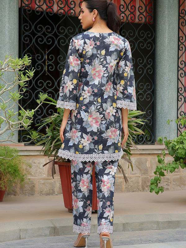 Women black printed CORD set with PRINTED pants