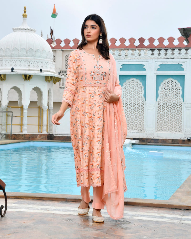 Women Cotton Anarkali Set with Solid Pant and Embroidered Dupatta