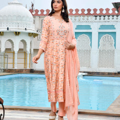 Women Cotton Anarkali Set with Solid Pant and Embroidered Dupatta