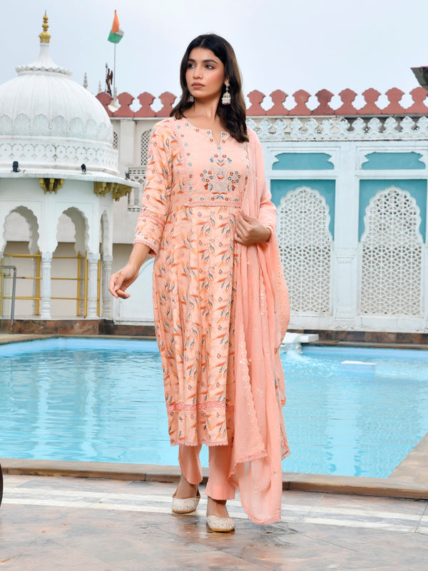 Women Cotton Anarkali Set with Solid Pant and Embroidered Dupatta