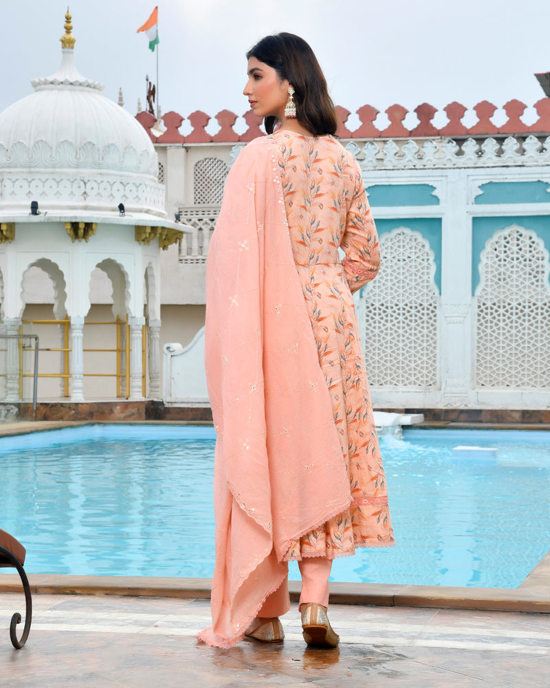 Women Cotton Anarkali Set with Solid Pant and Embroidered Dupatta