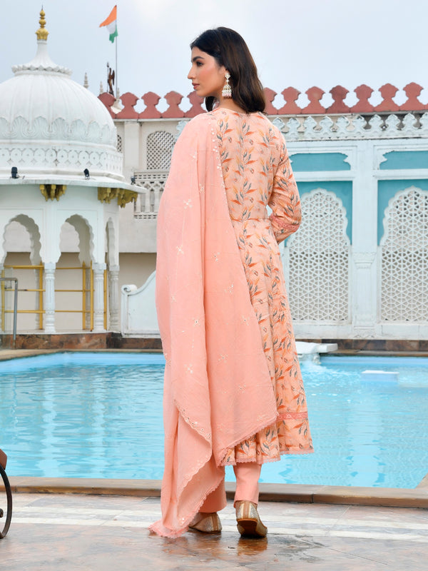 Women Cotton Anarkali Set with Solid Pant and Embroidered Dupatta