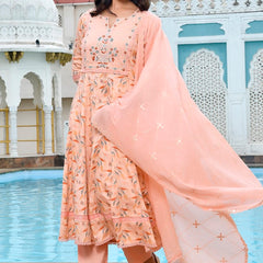 Women Cotton Anarkali Set with Solid Pant and Embroidered Dupatta