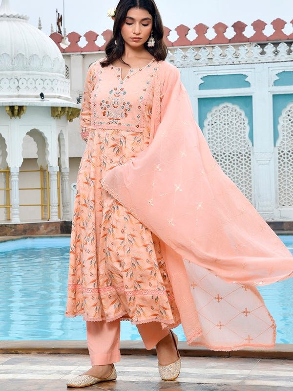 Women Cotton Anarkali Set with Solid Pant and Embroidered Dupatta