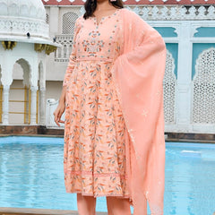Women Cotton Anarkali Set with Solid Pant and Embroidered Dupatta