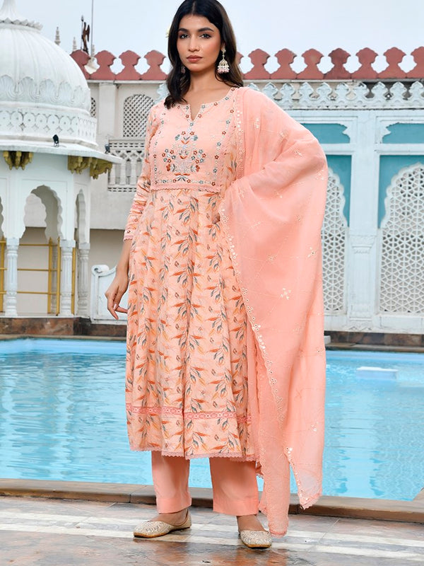 Women Cotton Anarkali Set with Solid Pant and Embroidered Dupatta
