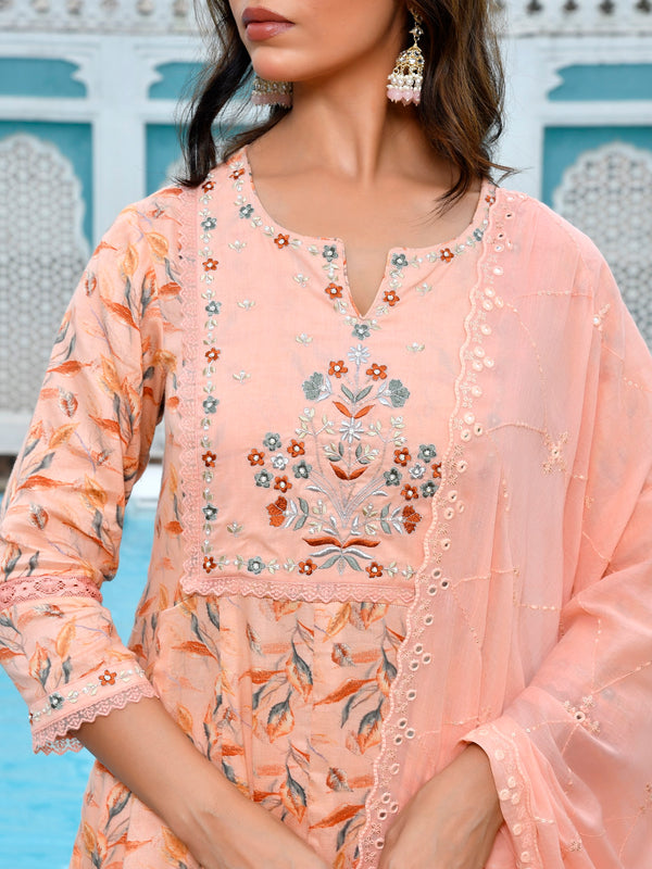 Women Cotton Anarkali Set with Solid Pant and Embroidered Dupatta