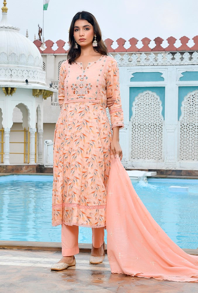 Women Cotton Anarkali Set with Solid Pant and Embroidered Dupatta