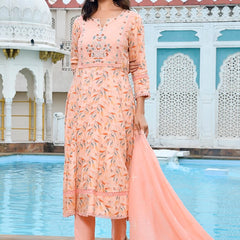 Women Cotton Anarkali Set with Solid Pant and Embroidered Dupatta