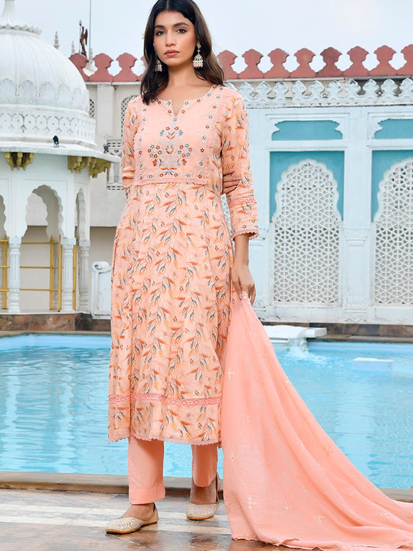 Women Cotton Anarkali Set with Solid Pant and Embroidered Dupatta