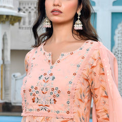 Women Cotton Anarkali Set with Solid Pant and Embroidered Dupatta
