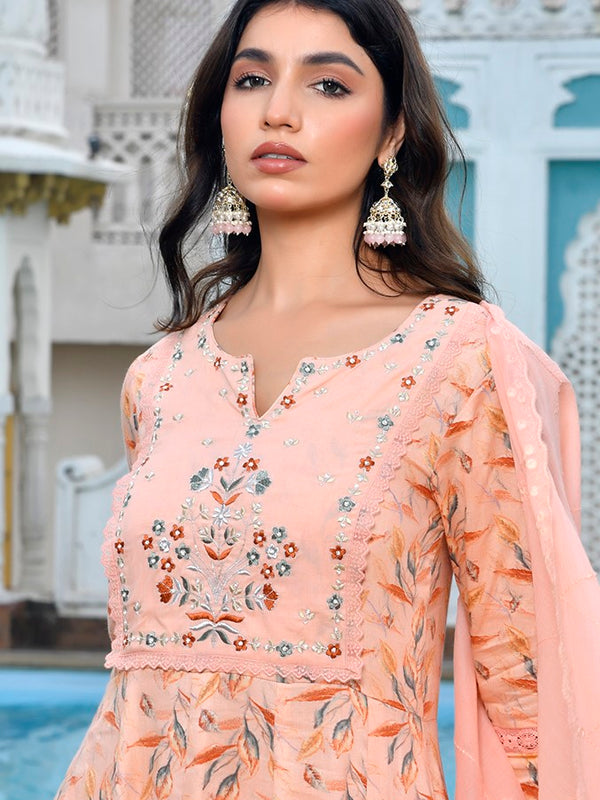 Women Cotton Anarkali Set with Solid Pant and Embroidered Dupatta