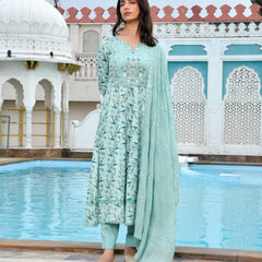 Women Cotton Anarkali Set with Solid Pant and Embroidered Dupatta