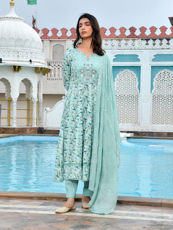Women Cotton Anarkali Set with Solid Pant and Embroidered Dupatta