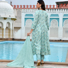 Women Cotton Anarkali Set with Solid Pant and Embroidered Dupatta