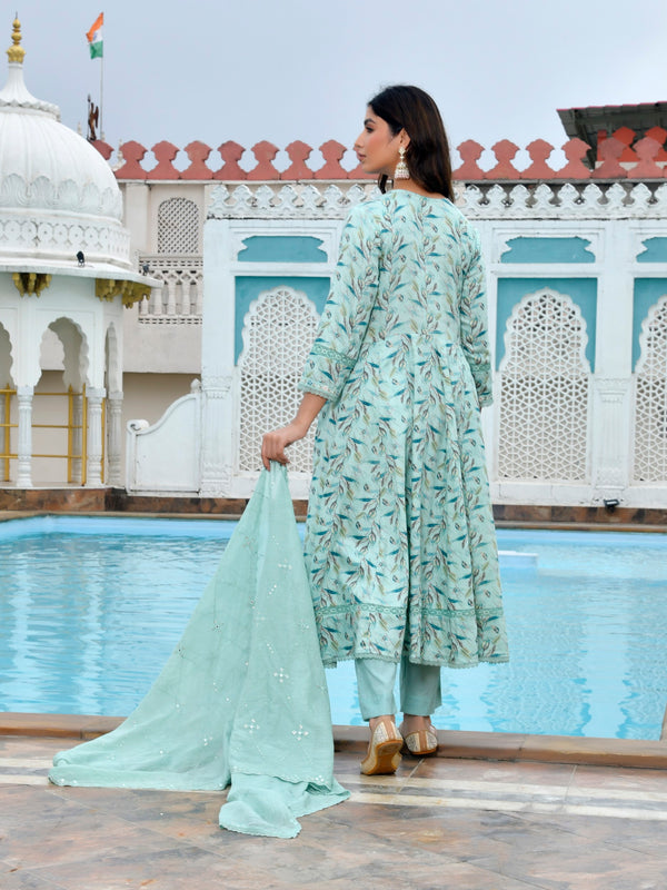 Women Cotton Anarkali Set with Solid Pant and Embroidered Dupatta